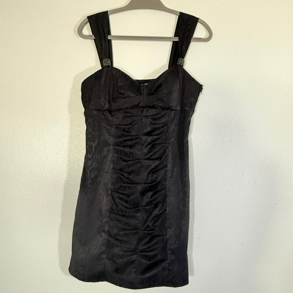 Windsor Black Jacquard Floral Ruched Mini Dress Rhinestone Straps Size 13